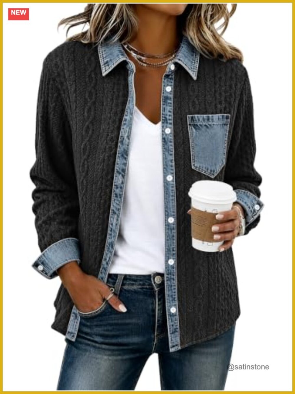 Women's Denim Patchwork Button Down Shacket Jacket Loose Fit